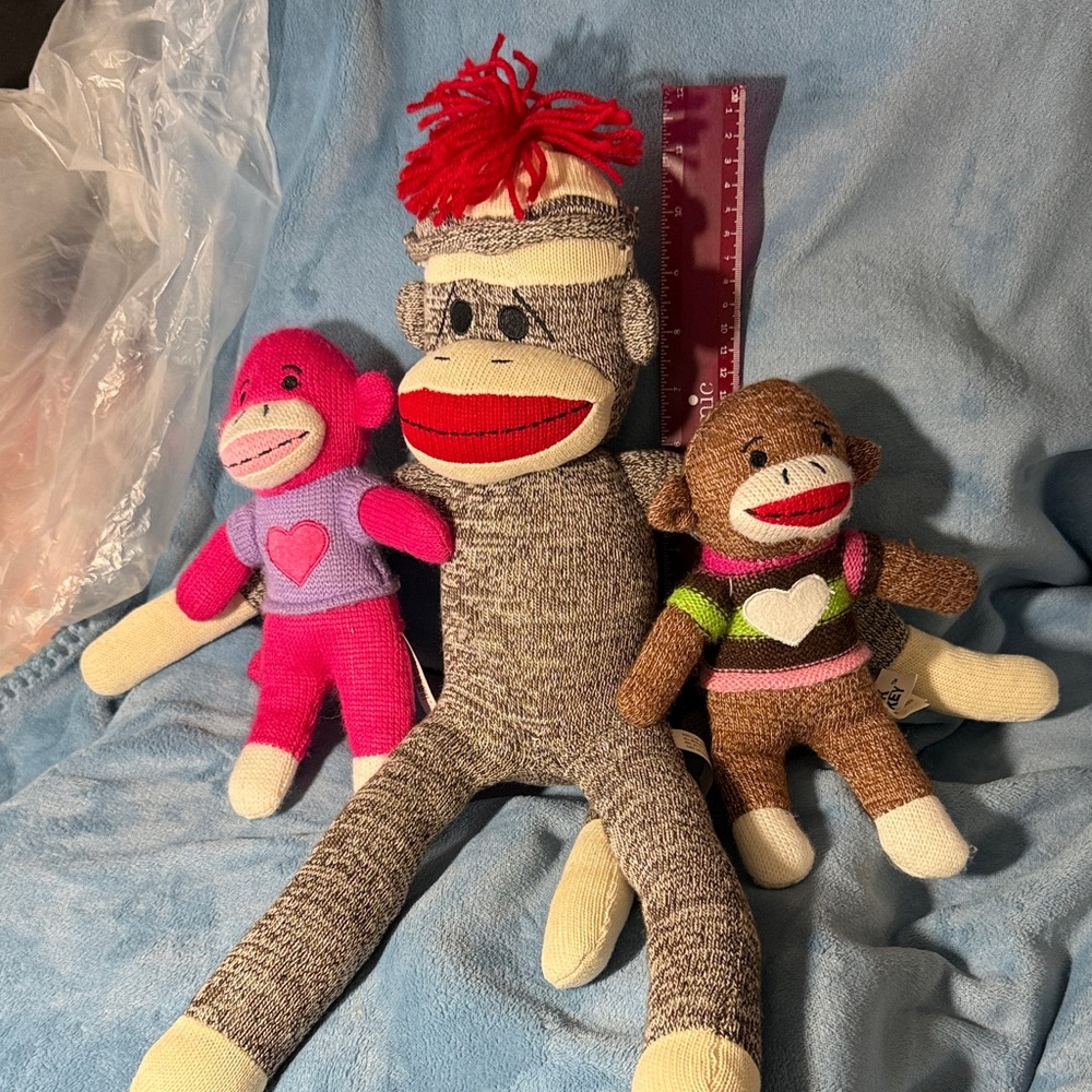 Sock Monkey Plush Set - Gray, Pink & Brown Cute Cuddly Trio